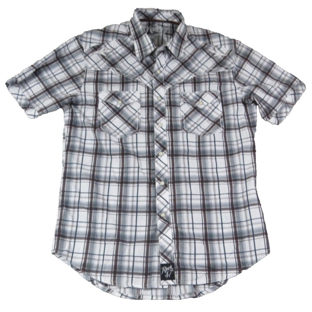 Wrangler Rock 47 Mens M Plaid Pearl Snap Western Shirt‎ Short Sleeve White Gray